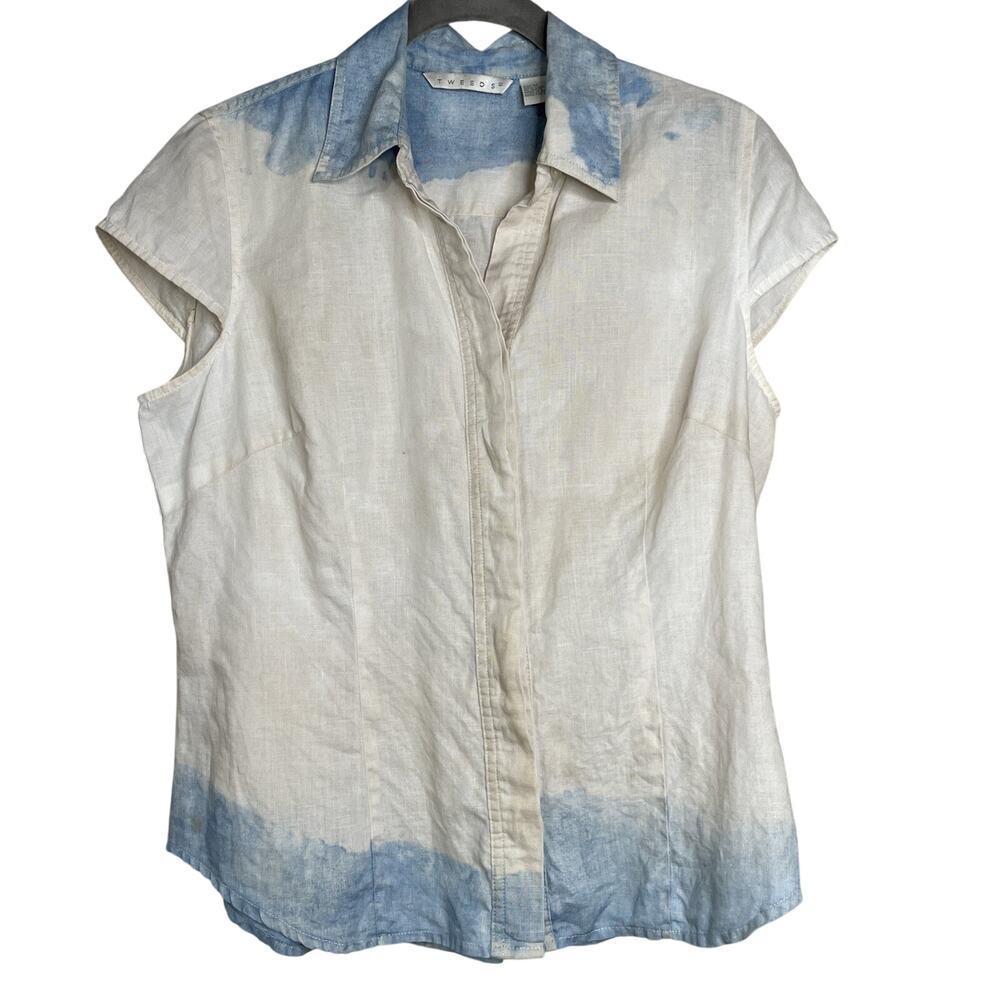 Tweeds Women’s Top 100% LINEN - Cap Sleeve, Collared,Button Up - Size M *Unique*